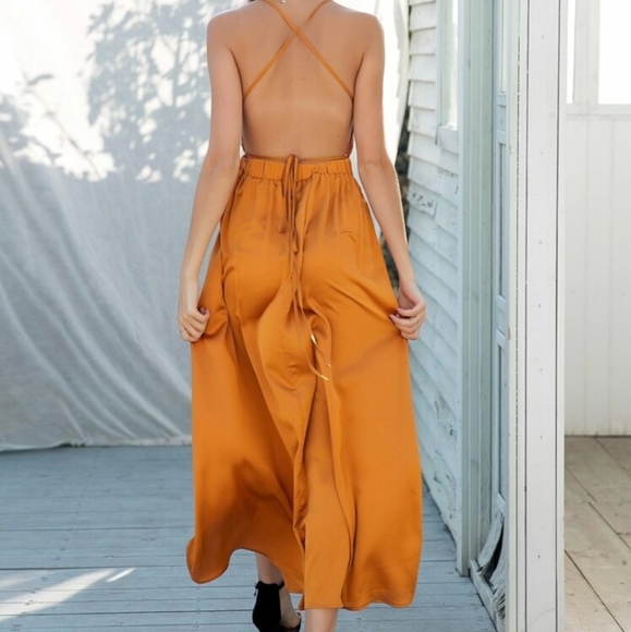 Orange Open Back Satin Dress - Picture 3 of 3